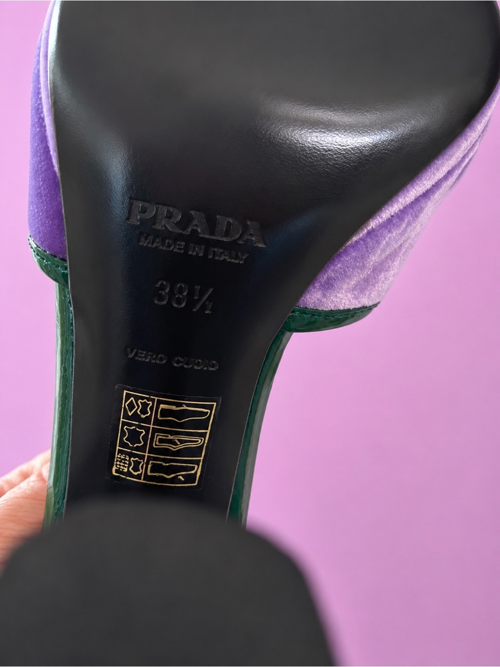 Prada Lavender Satin Heels with Green Trim and Mustard Bow - Picture 7 of 7